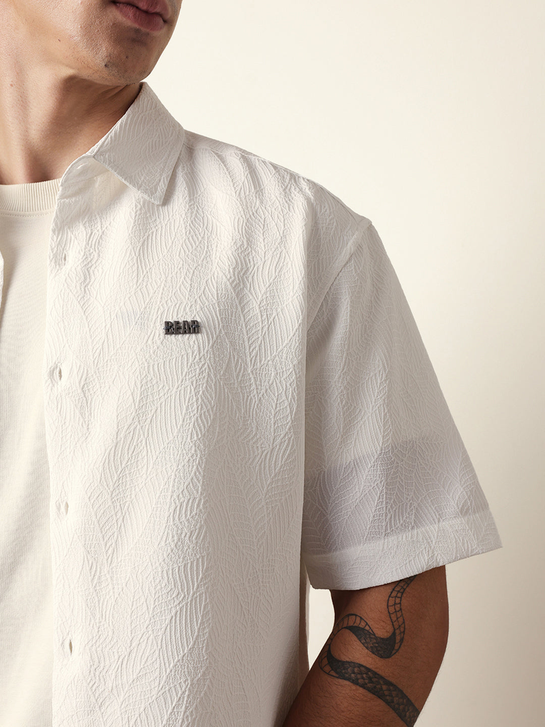 White All-Over Textured Leaf Motif Oversized Shirt with Half Sleeves
