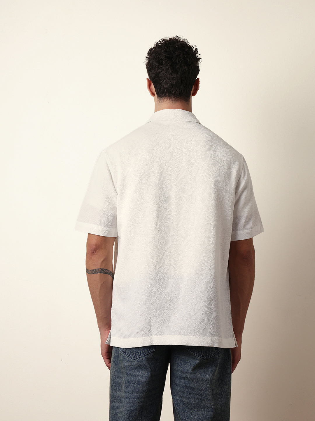 White All-Over Textured Leaf Motif Oversized Shirt with Half Sleeves