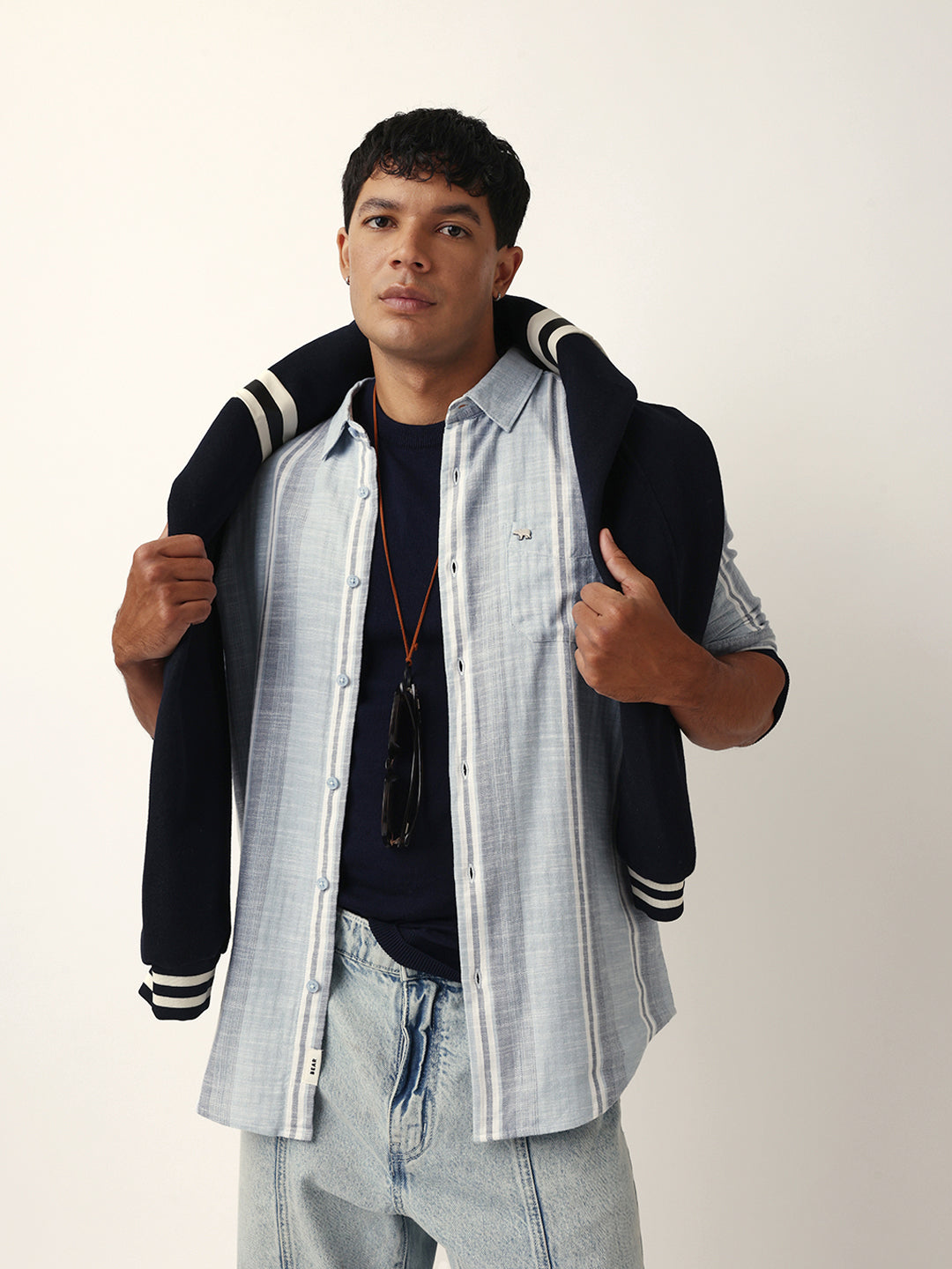 Blue & White Herringbone Striped Slim Fit Casual Shirt