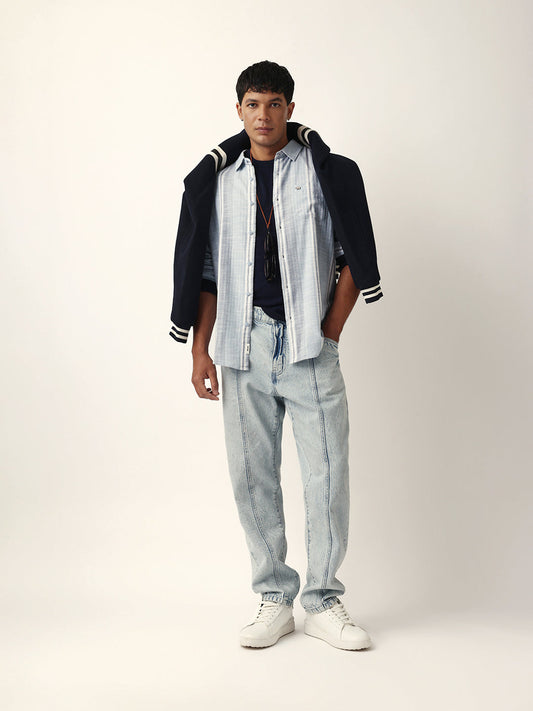 Blue & White Herringbone Striped Slim Fit Casual Shirt