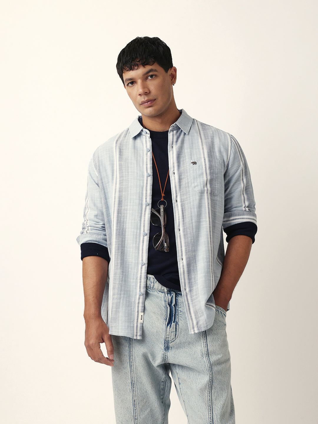 Blue & White Herringbone Striped Slim Fit Casual Shirt