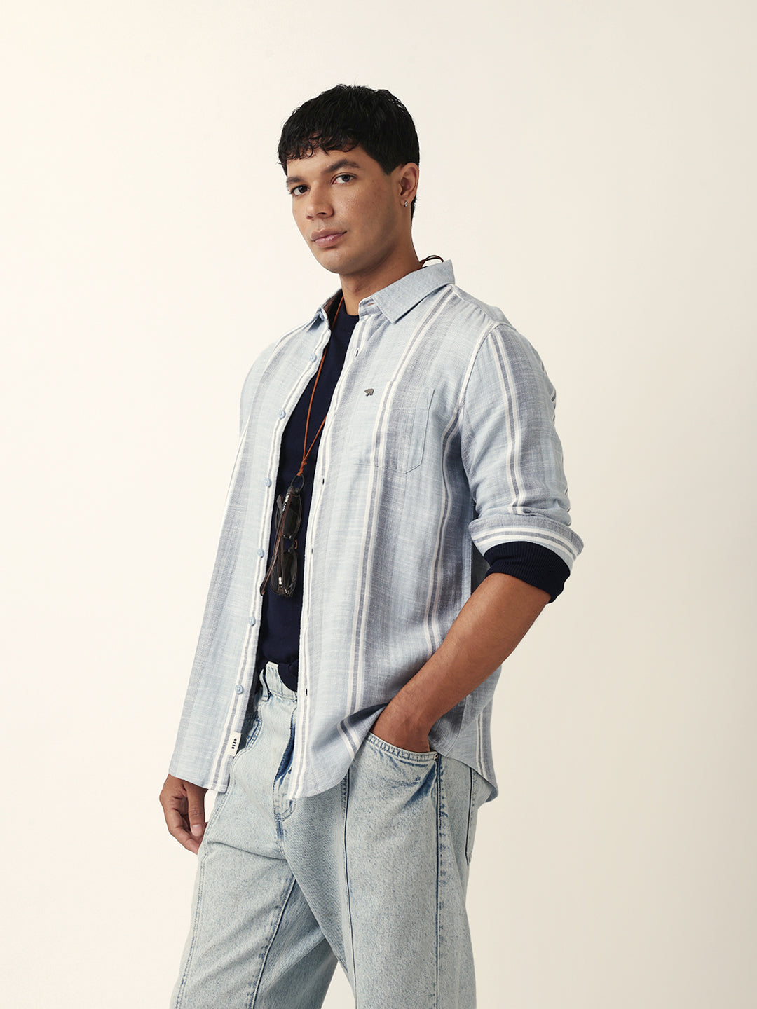 Blue & White Herringbone Striped Slim Fit Casual Shirt