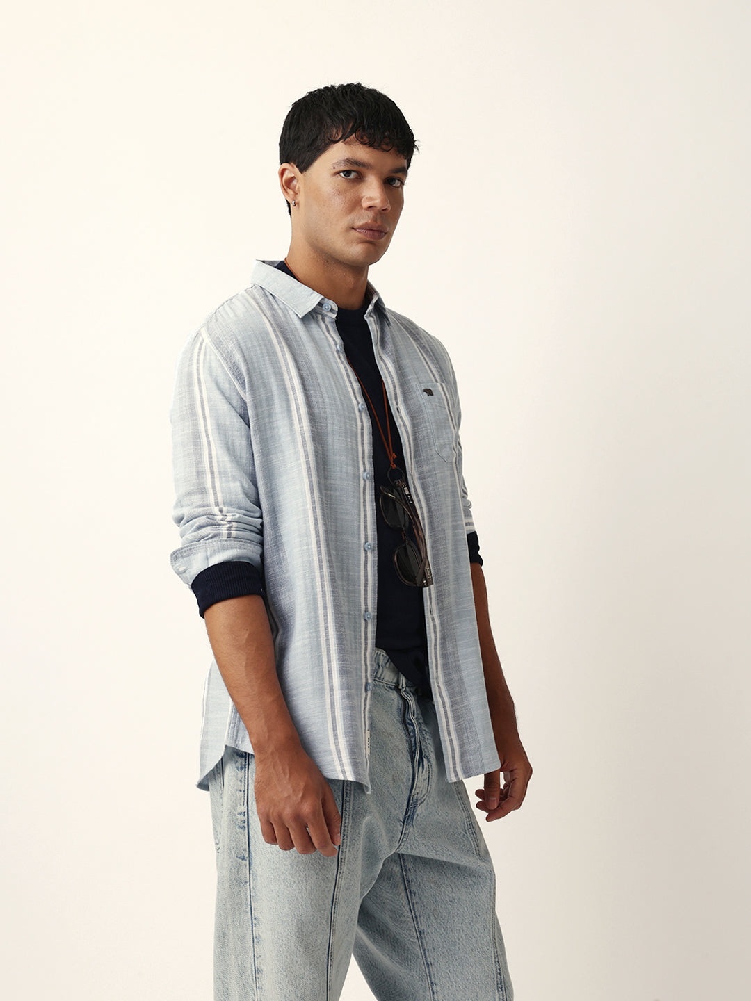 Blue & White Herringbone Striped Slim Fit Casual Shirt