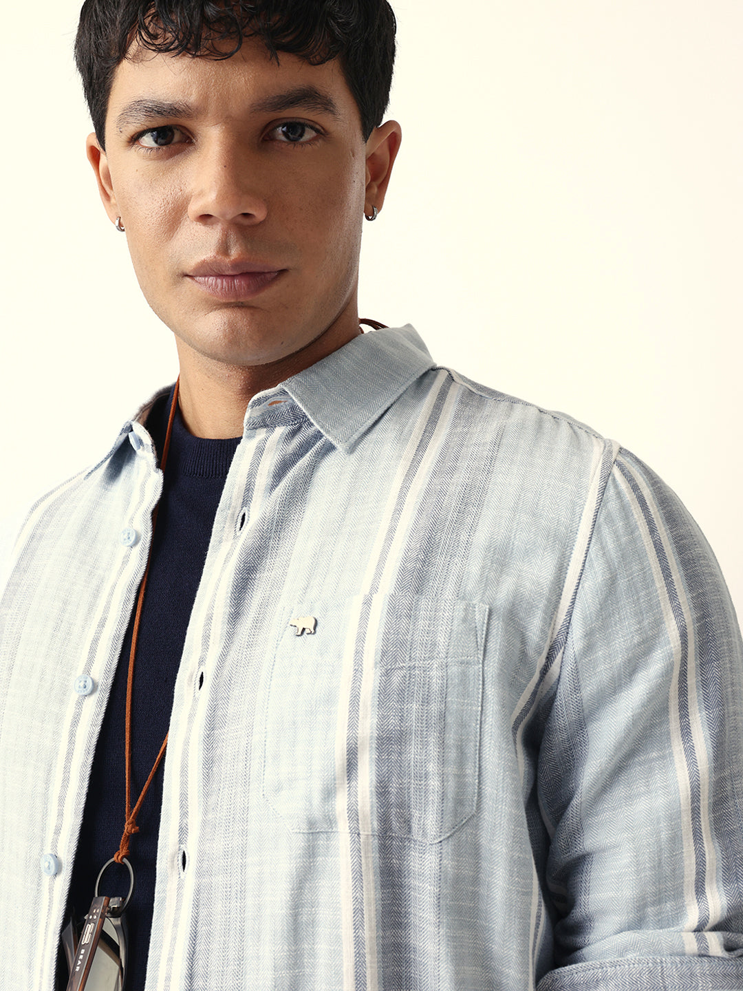 Blue & White Herringbone Striped Slim Fit Casual Shirt