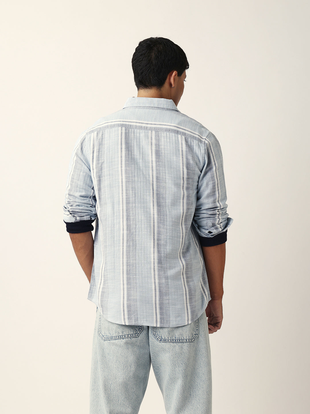 Blue & White Herringbone Striped Slim Fit Casual Shirt
