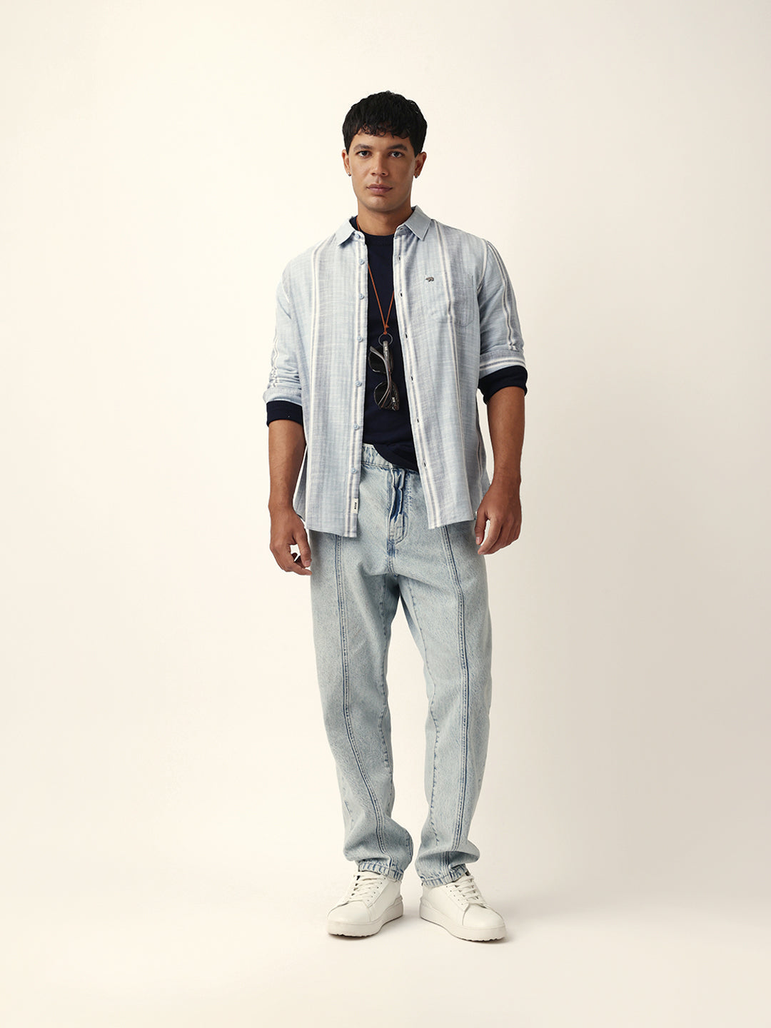 Blue & White Herringbone Striped Slim Fit Casual Shirt