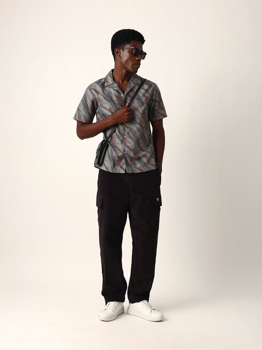 Multicolor Abstract Wavy Print Cuban Collar Relaxed Fit Casual Shirt