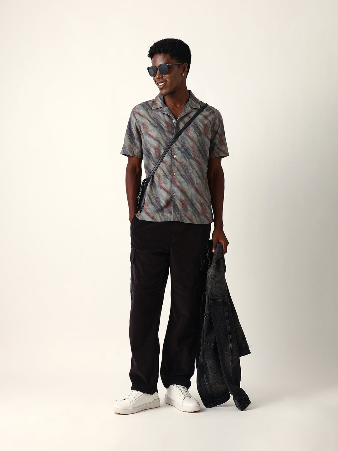 Multicolor Abstract Wavy Print Cuban Collar Relaxed Fit Casual Shirt