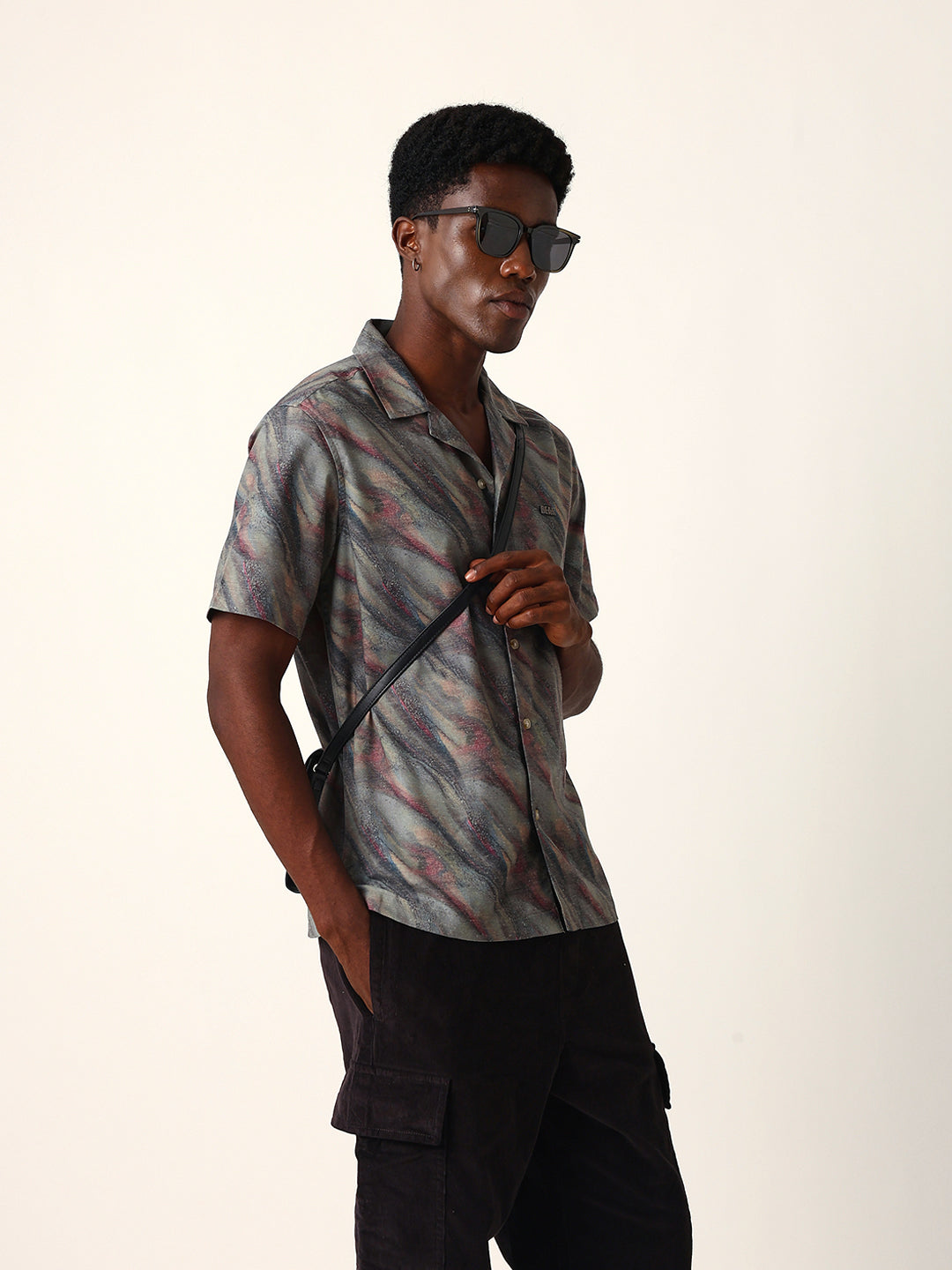 Multicolor Abstract Wavy Print Cuban Collar Relaxed Fit Casual Shirt