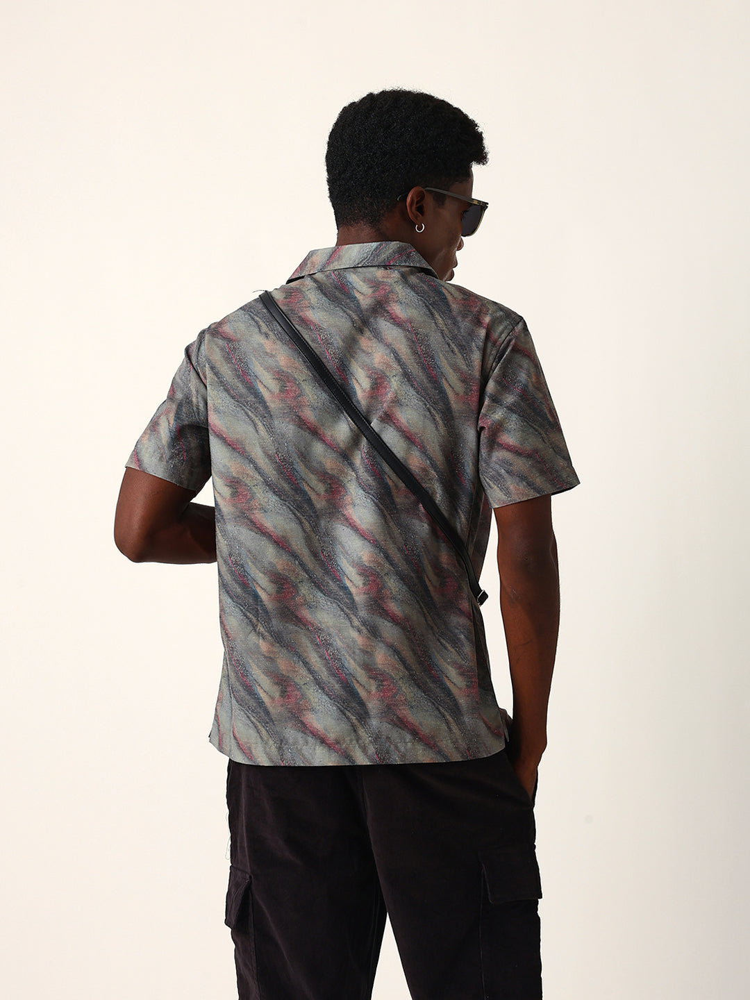 Multicolor Abstract Wavy Print Cuban Collar Relaxed Fit Casual Shirt
