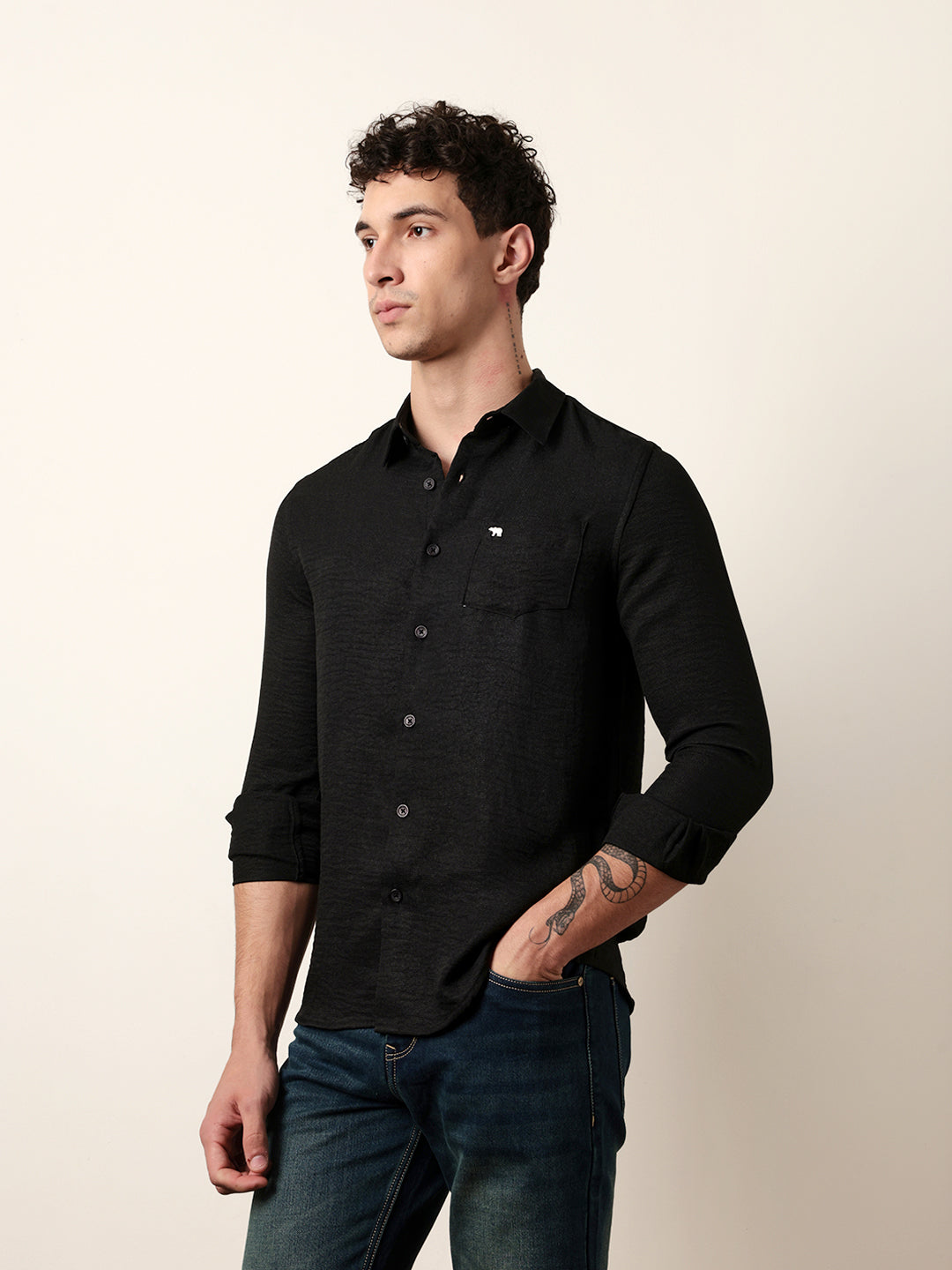 Black Woven Solid Slim Fit Casual Shirt