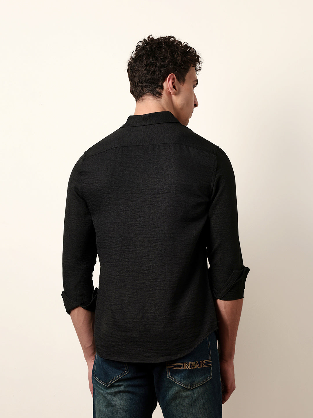 Black Woven Solid Slim Fit Casual Shirt