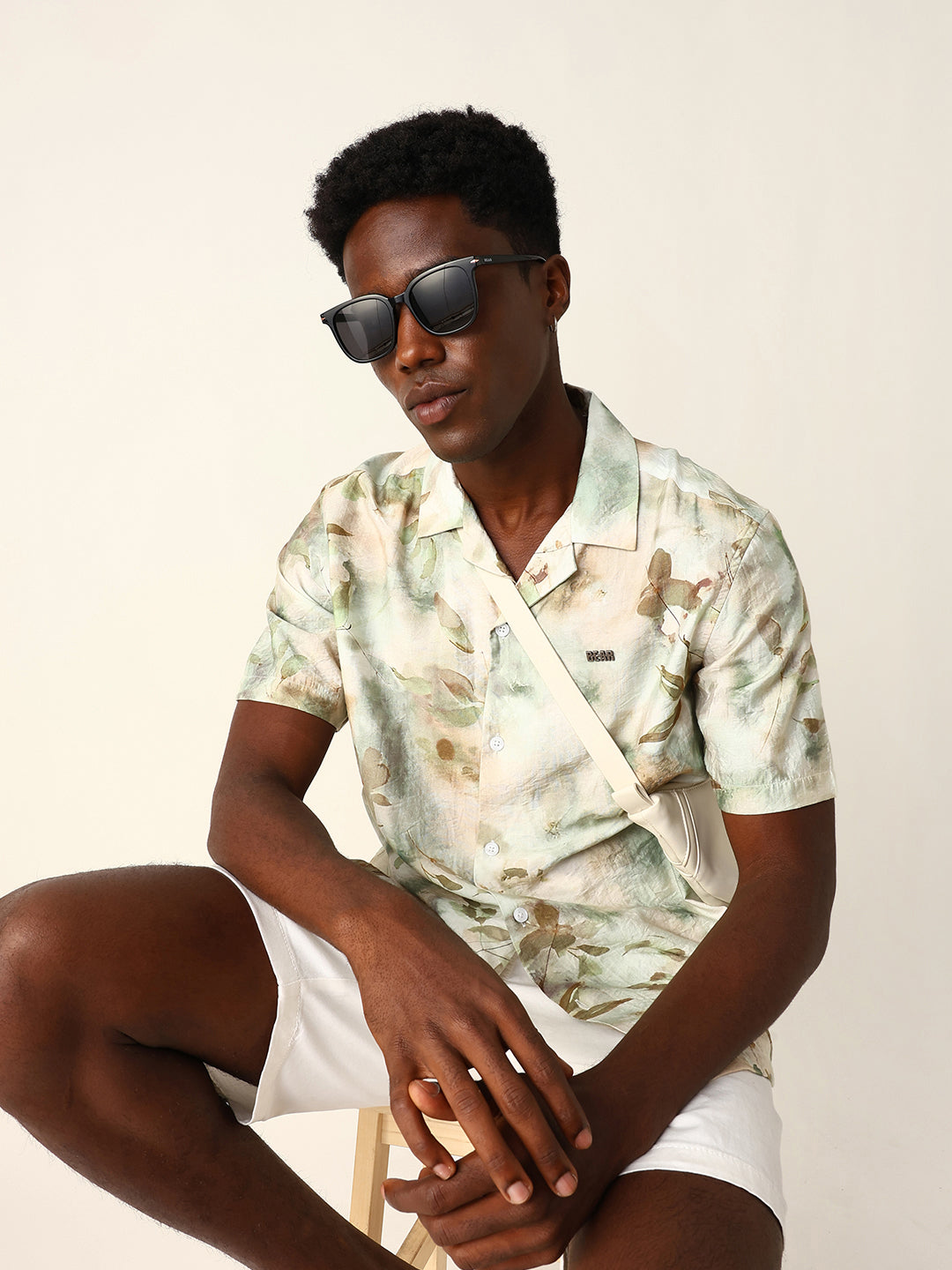 Pastel Green Watercolor Floral Printed Relaxed Fit Short Sleeve Shirt
