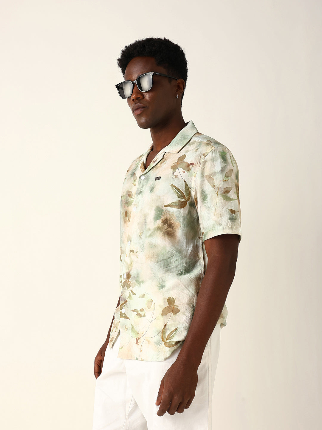 Pastel Green Watercolor Floral Printed Relaxed Fit Short Sleeve Shirt