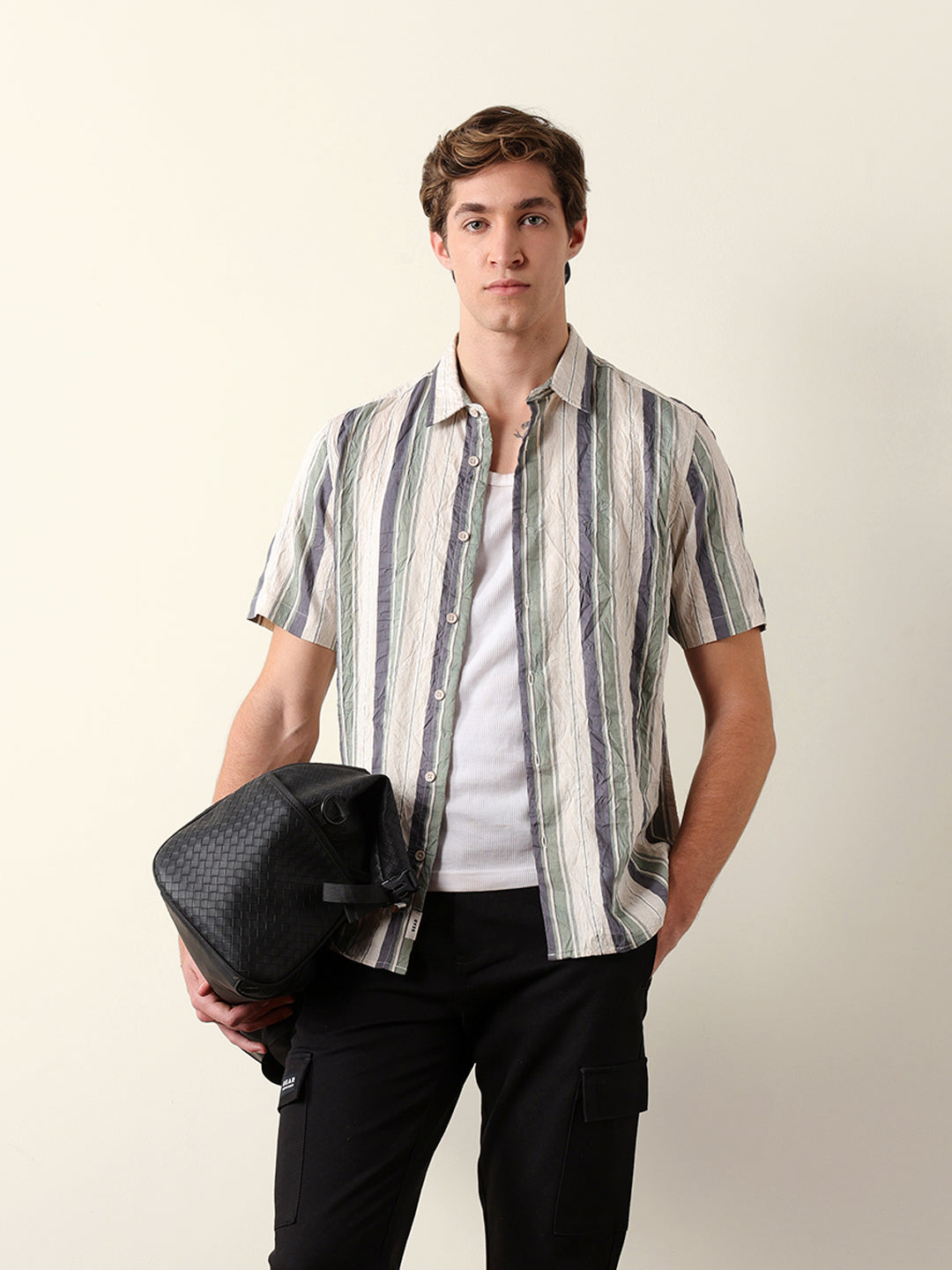 Multicolor Crinkle Vertical Stripe Regular Fit Casual Shirt