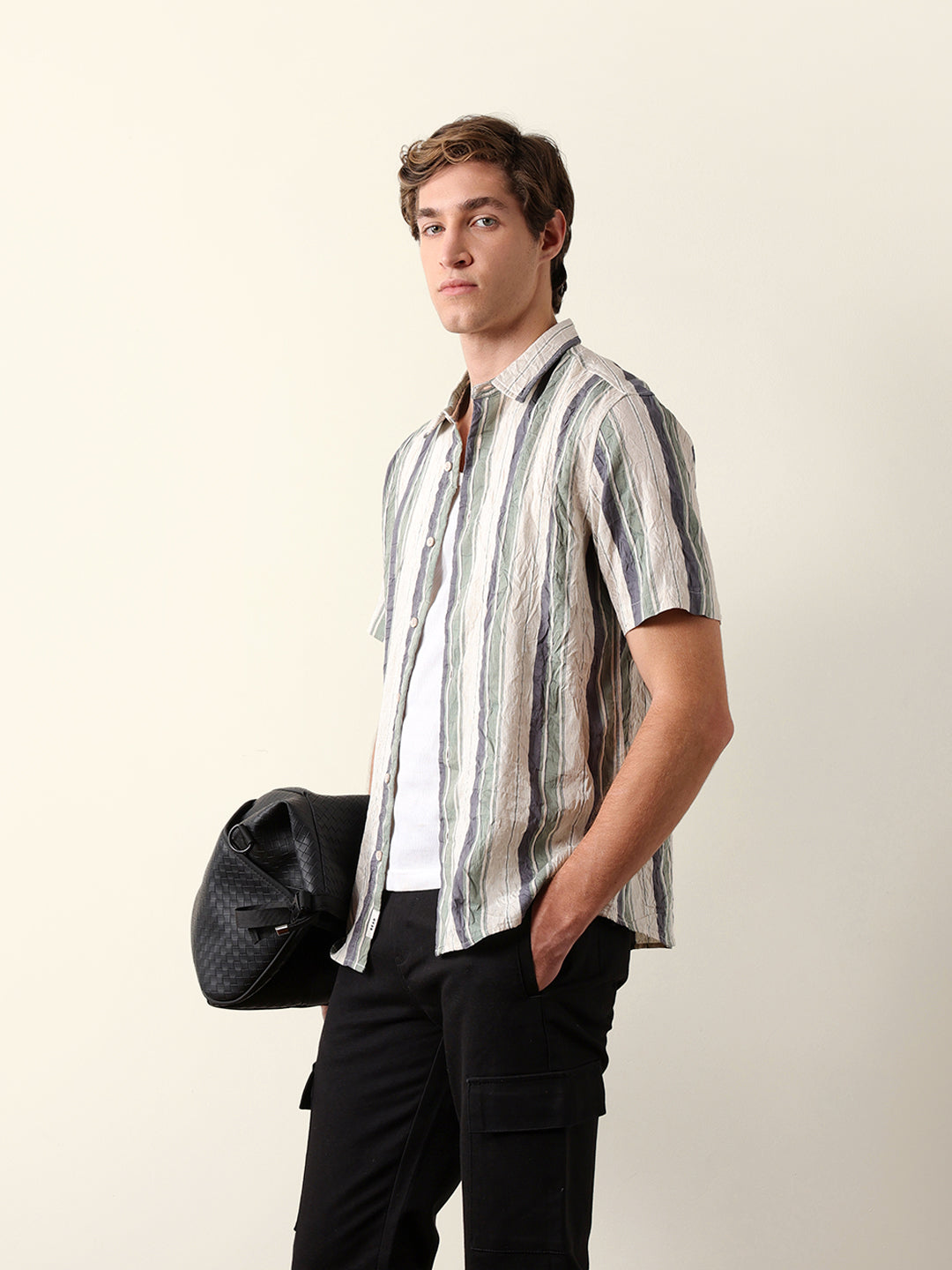 Multicolor Crinkle Vertical Stripe Regular Fit Casual Shirt