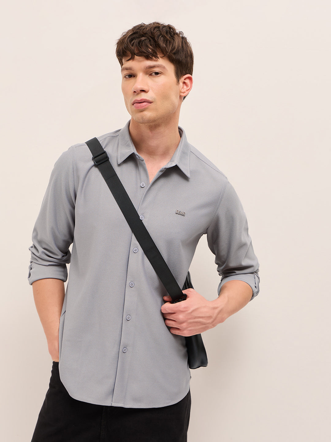 Grey Woven Textured Regular Fit Casual Shirt
