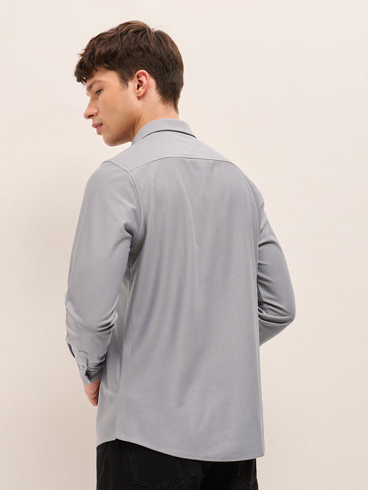 Grey Woven Textured Regular Fit Casual Shirt