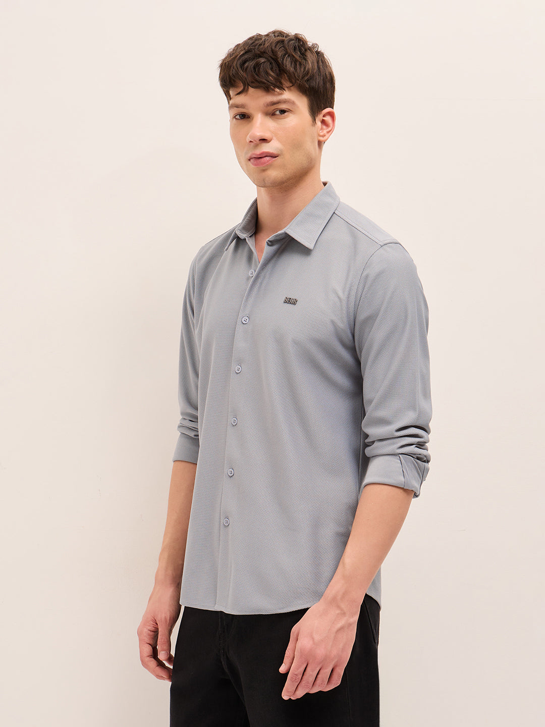 Grey Woven Textured Regular Fit Casual Shirt