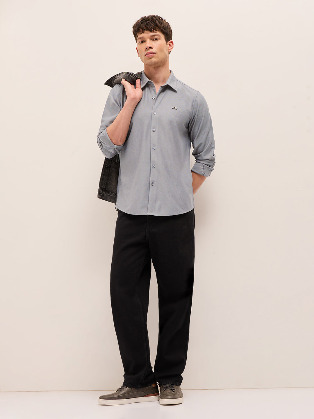 Grey Woven Textured Regular Fit Casual Shirt