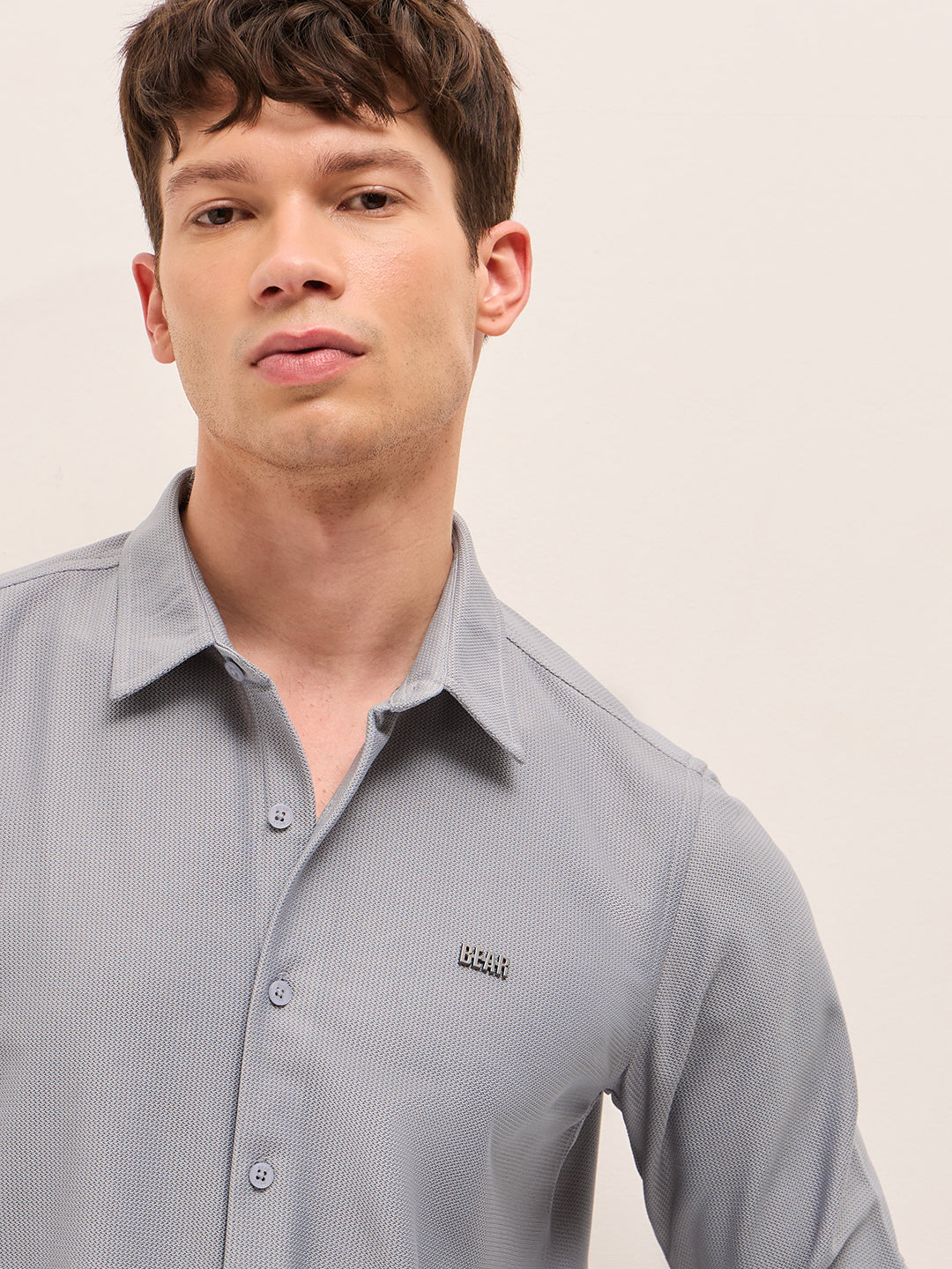 Grey Woven Textured Regular Fit Casual Shirt