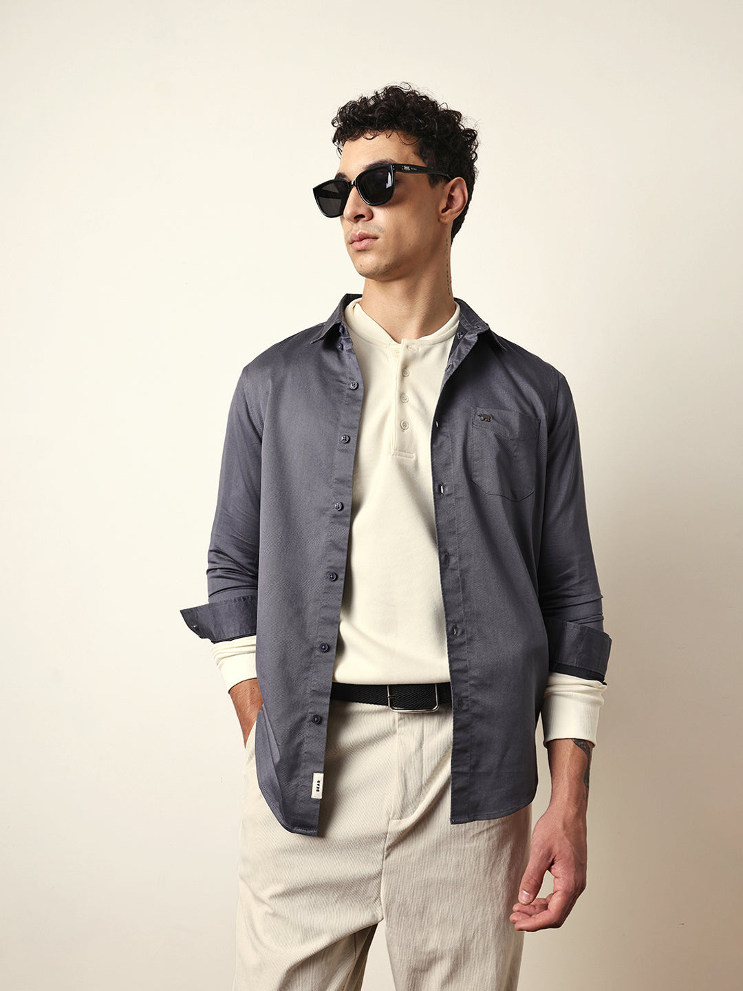 Grey Solid Slim-Fit Casual Shirt with Button-Down Collar