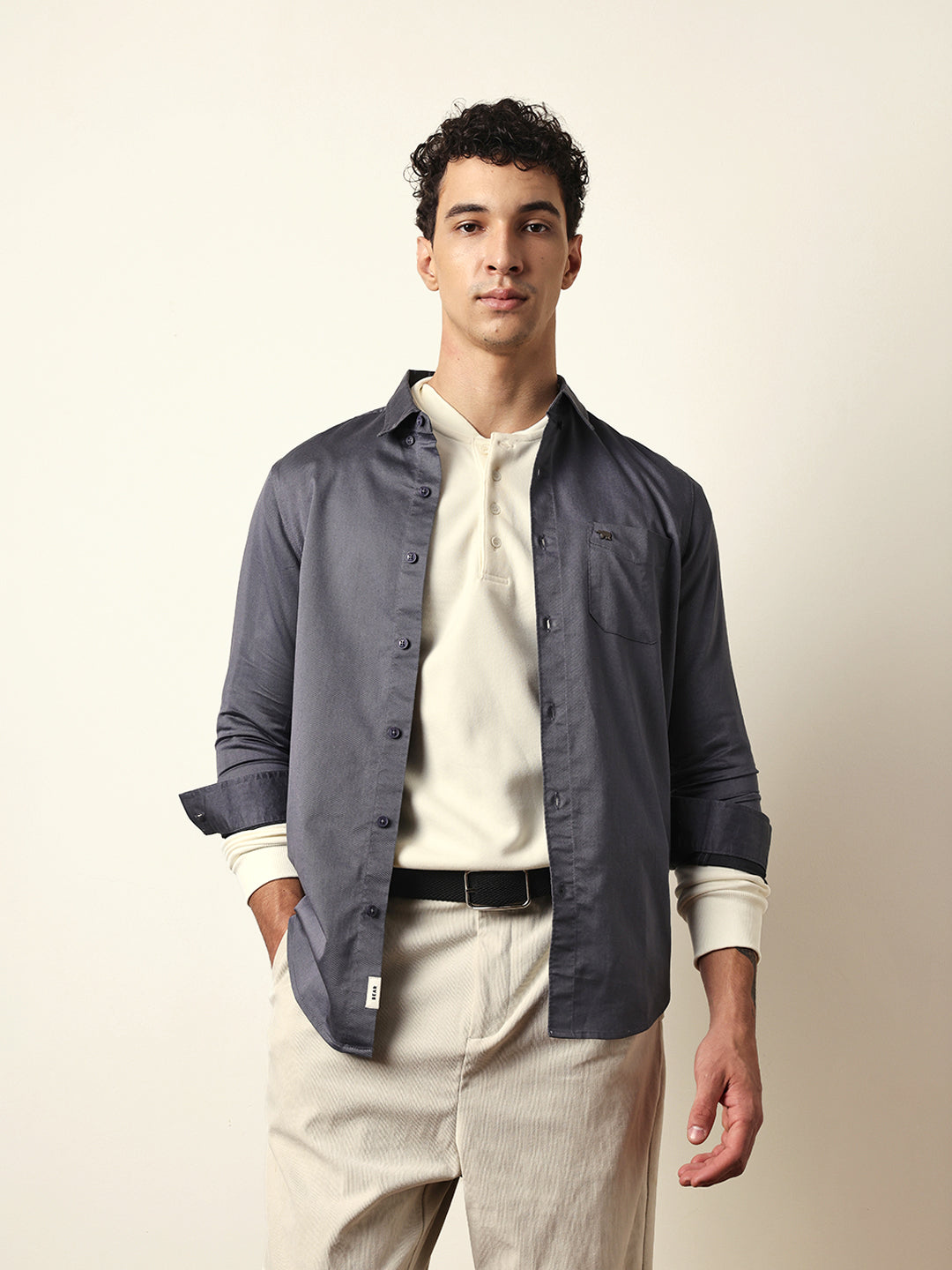 Grey Solid Slim-Fit Casual Shirt with Button-Down Collar