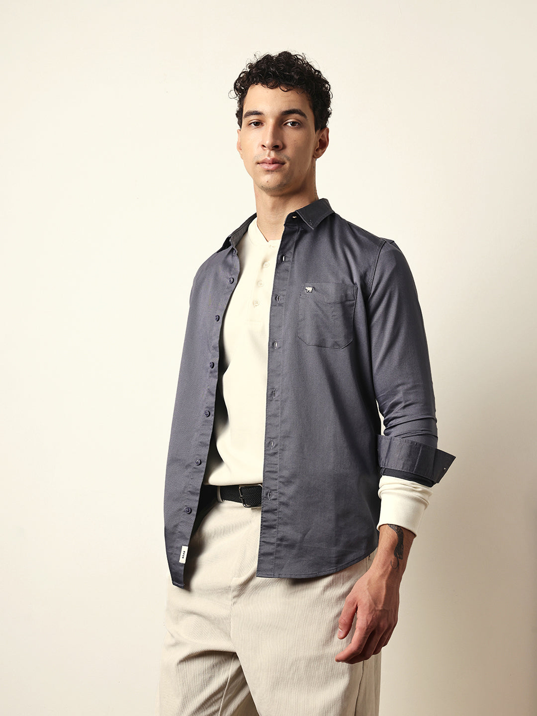 Grey Solid Slim-Fit Casual Shirt with Button-Down Collar