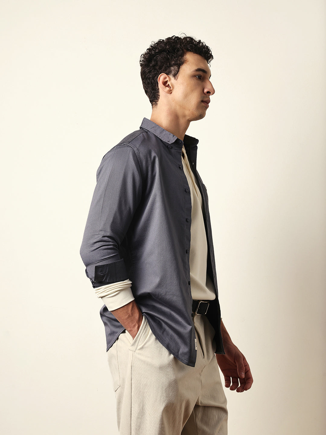 Grey Solid Slim-Fit Casual Shirt with Button-Down Collar