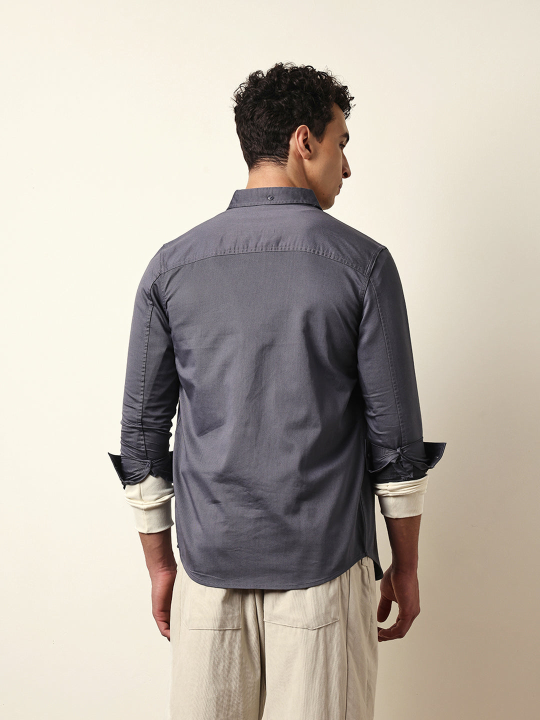 Grey Solid Slim-Fit Casual Shirt with Button-Down Collar