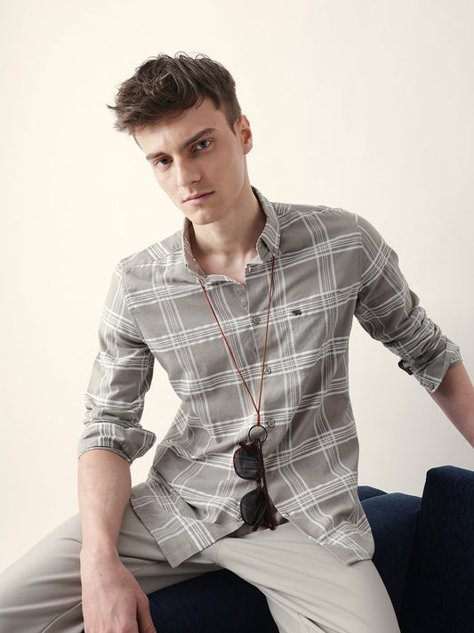 Grey with White Woven Checked Slim Fit Casual Shirt