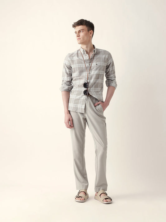 Grey with White Woven Checked Slim Fit Casual Shirt