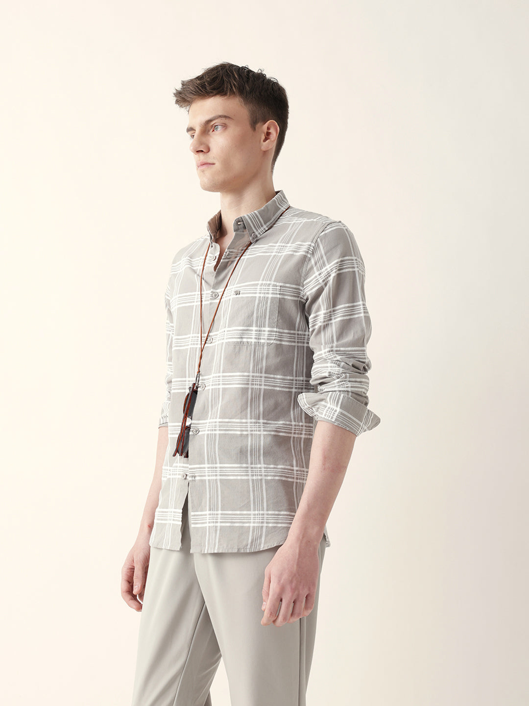 Grey with White Woven Checked Slim Fit Casual Shirt