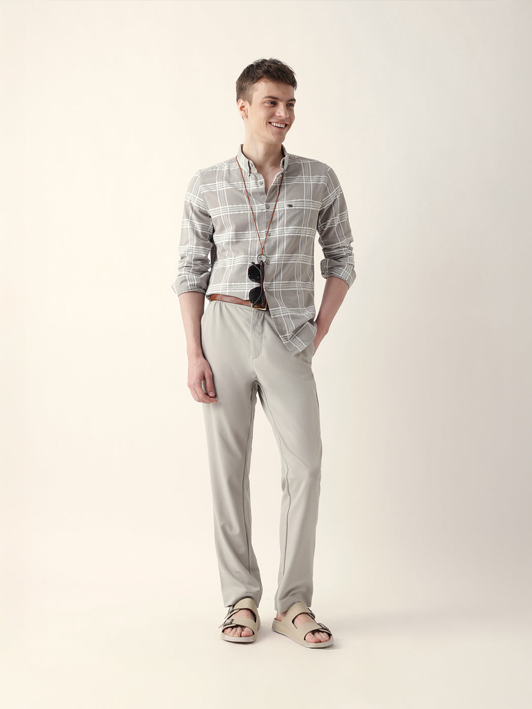 Grey with White Woven Checked Slim Fit Casual Shirt