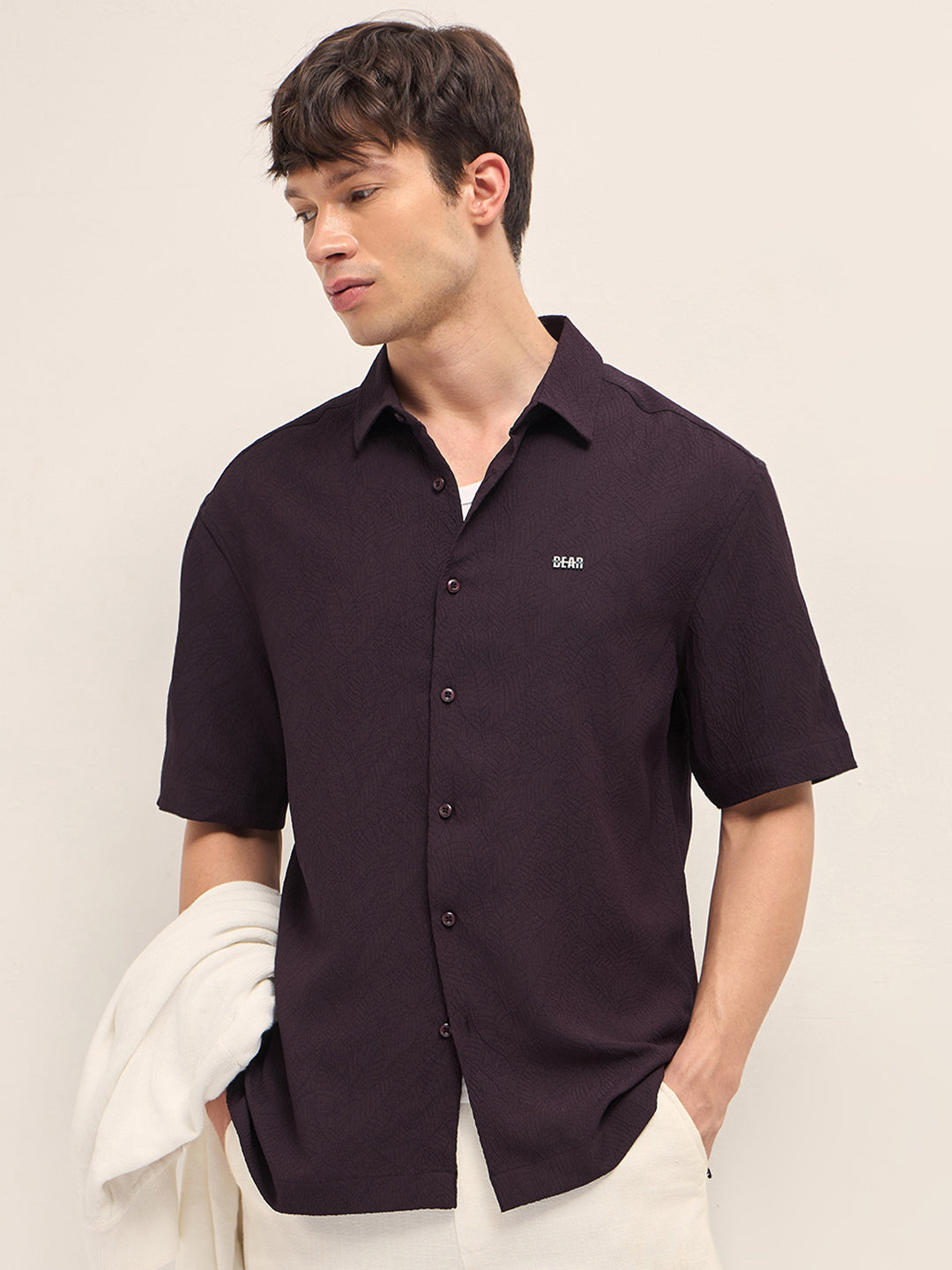 Burgundy All-Over Textured Leaf Motif Oversized Casual Shirt with Half Sleeves