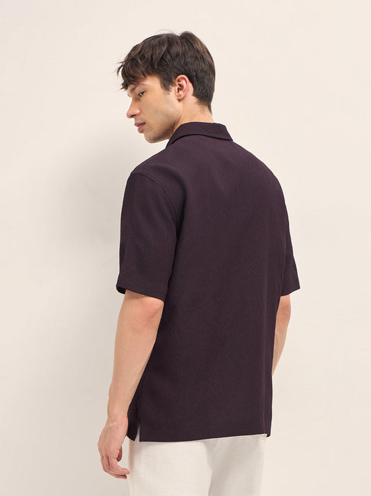 Burgundy All-Over Textured Leaf Motif Oversized Casual Shirt with Half Sleeves