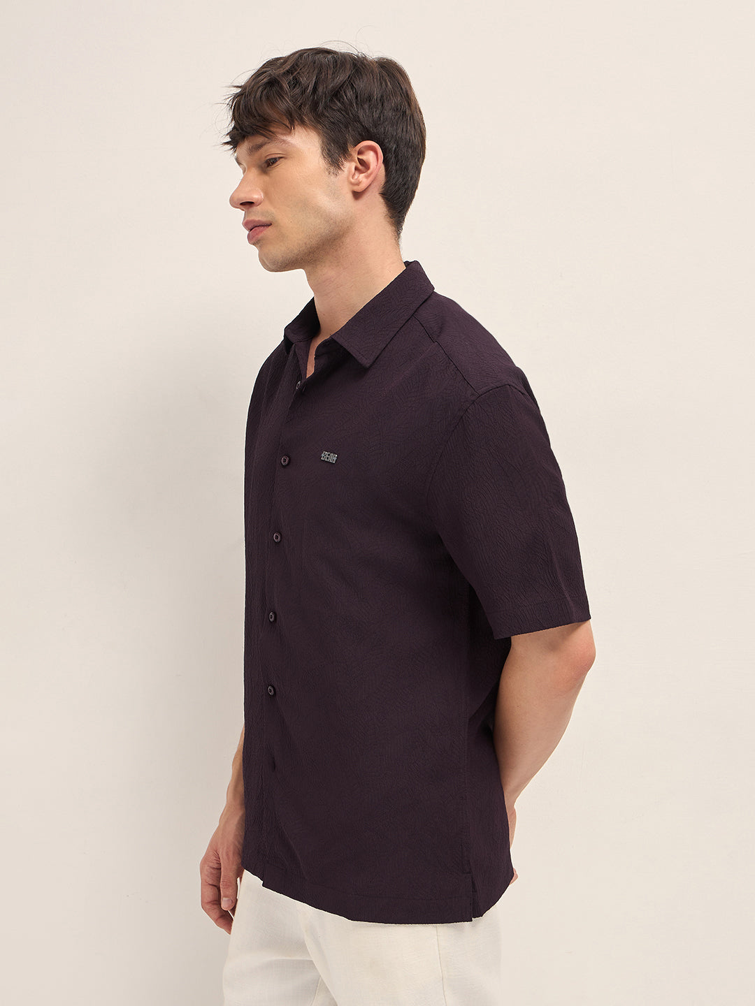 Burgundy All-Over Textured Leaf Motif Oversized Casual Shirt with Half Sleeves