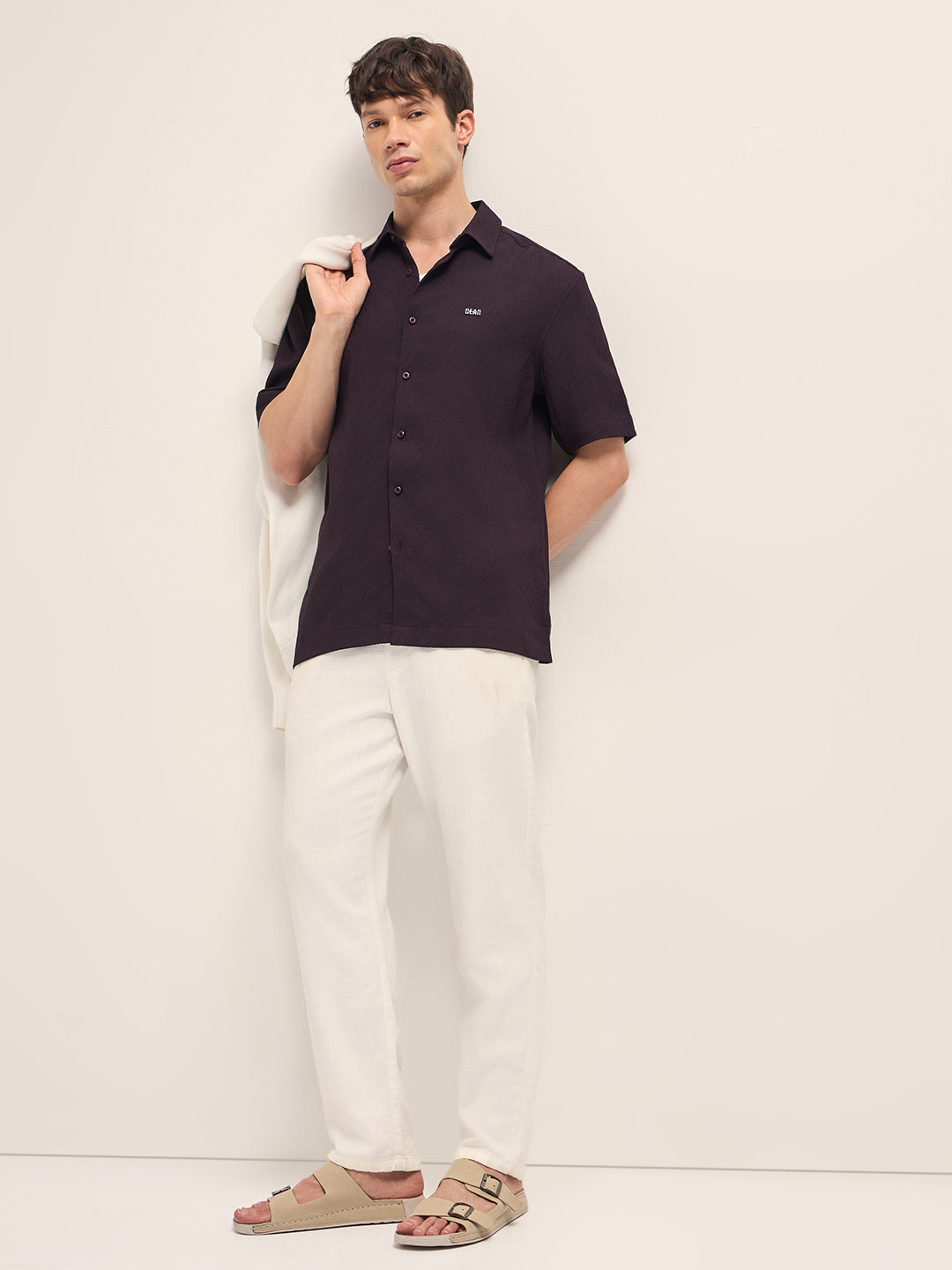 Burgundy All-Over Textured Leaf Motif Oversized Casual Shirt with Half Sleeves