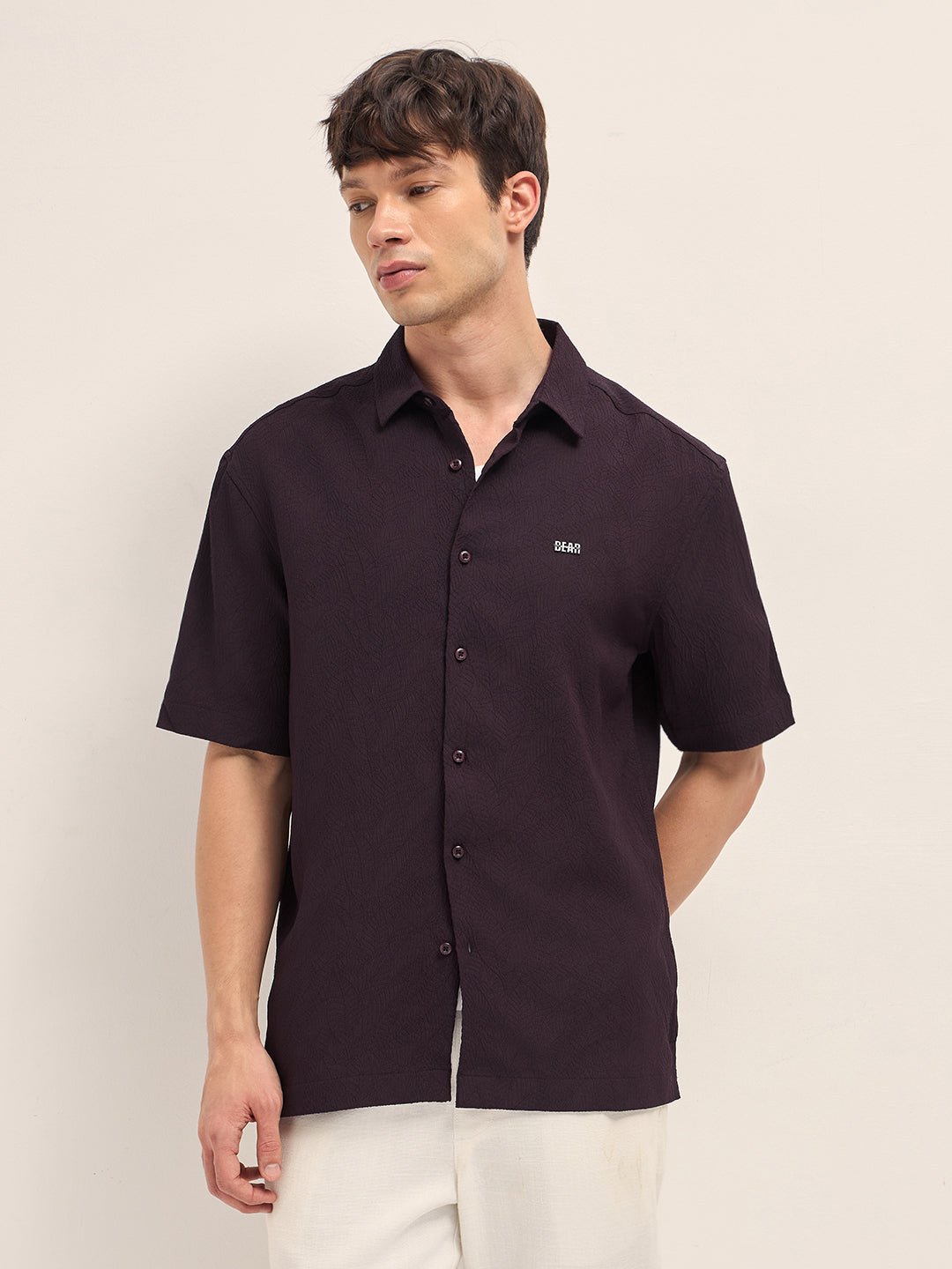 Burgundy All-Over Textured Leaf Motif Oversized Casual Shirt with Half Sleeves