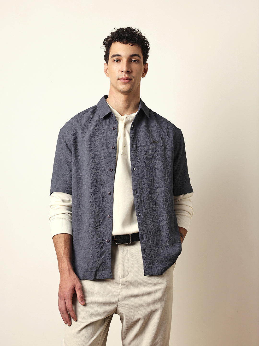 Grey All-Over Textured Leaf Motif Oversized Shirt with Half Sleeves