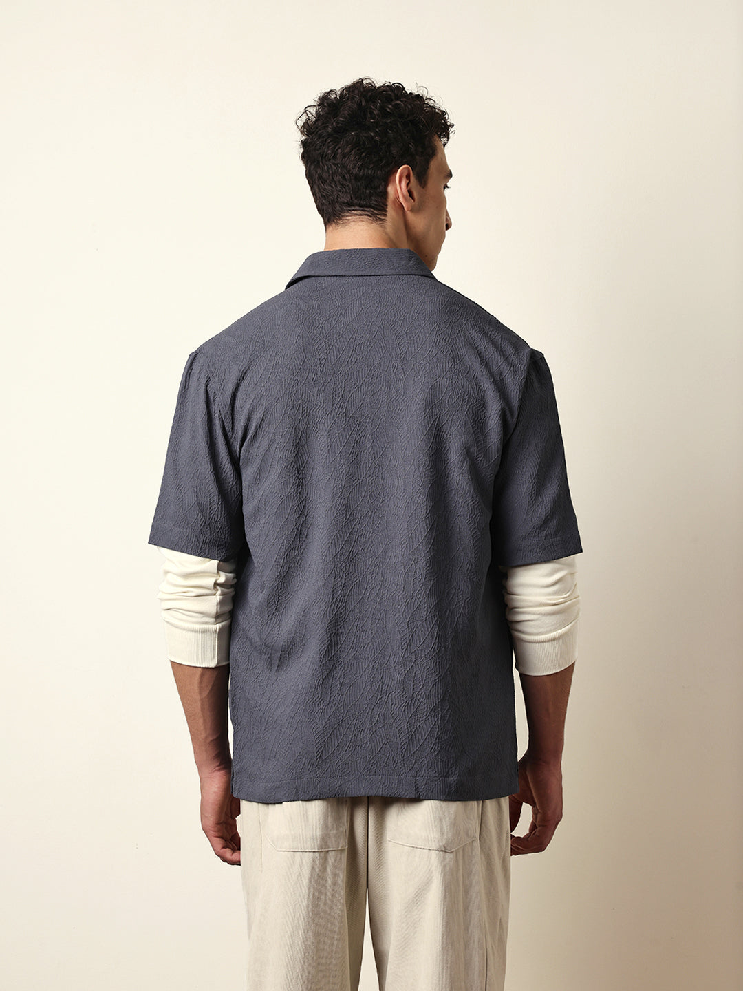 Grey All-Over Textured Leaf Motif Oversized Shirt with Half Sleeves