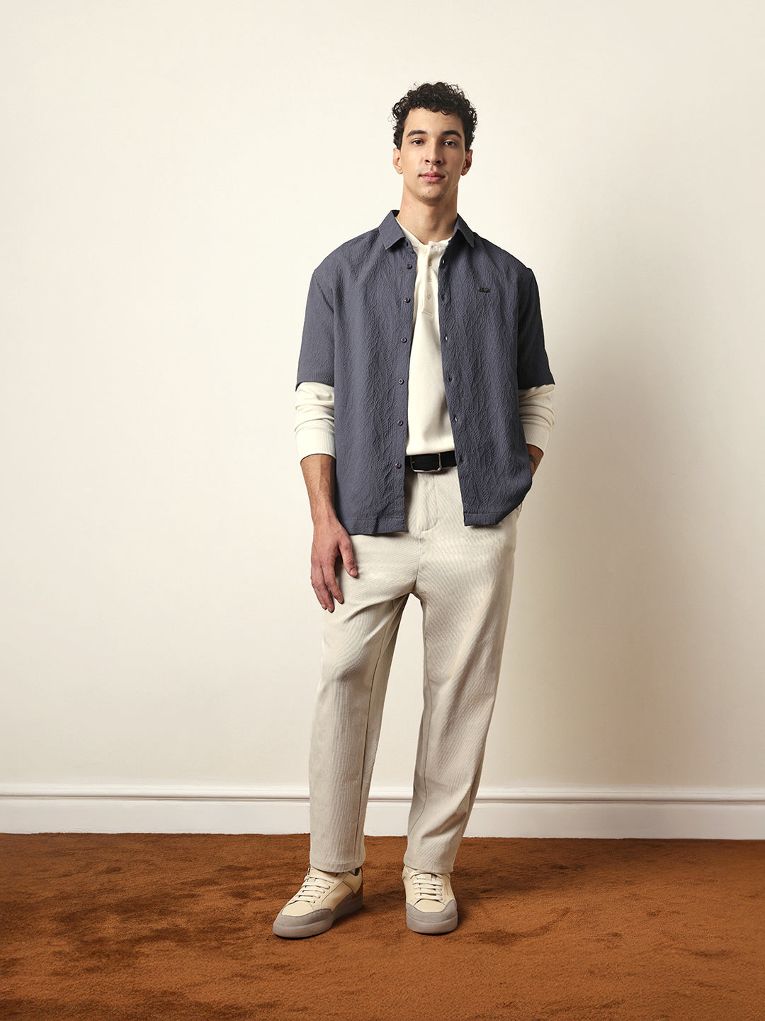 Grey All-Over Textured Leaf Motif Oversized Shirt with Half Sleeves