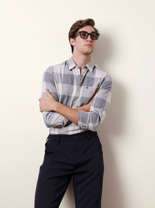 Grey & Cream Slim Fit Block Herringbone Checks Casual Shirt
