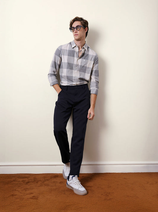 Grey & Cream Slim Fit Block Herringbone Checks Casual Shirt
