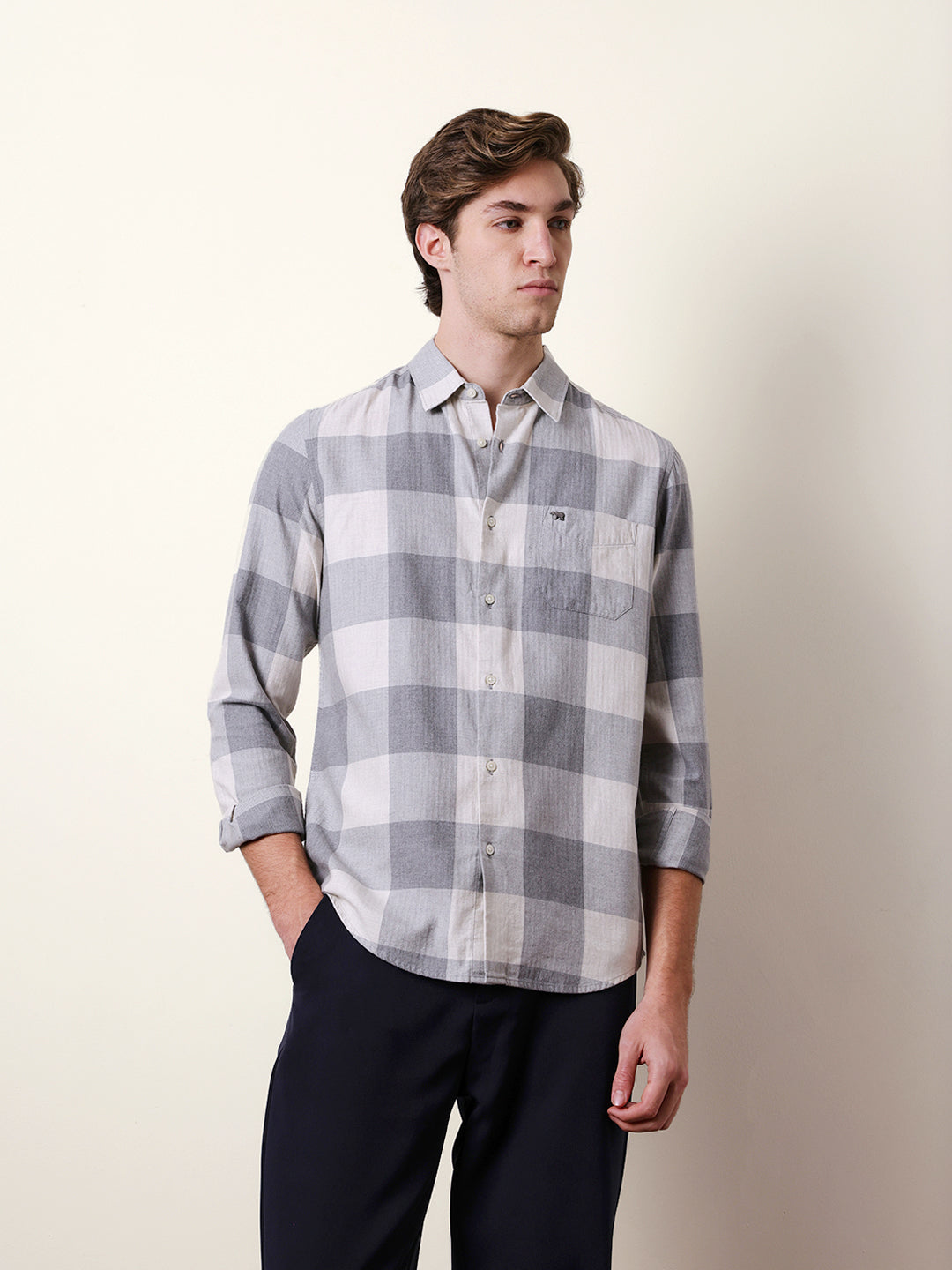 Grey & Cream Slim Fit Block Herringbone Checks Casual Shirt