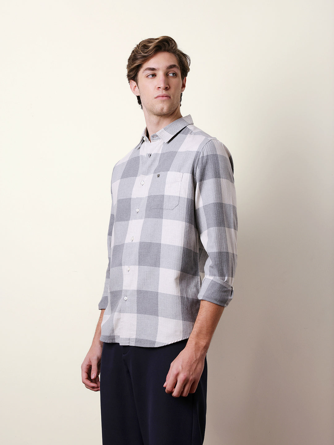 Grey & Cream Slim Fit Block Herringbone Checks Casual Shirt