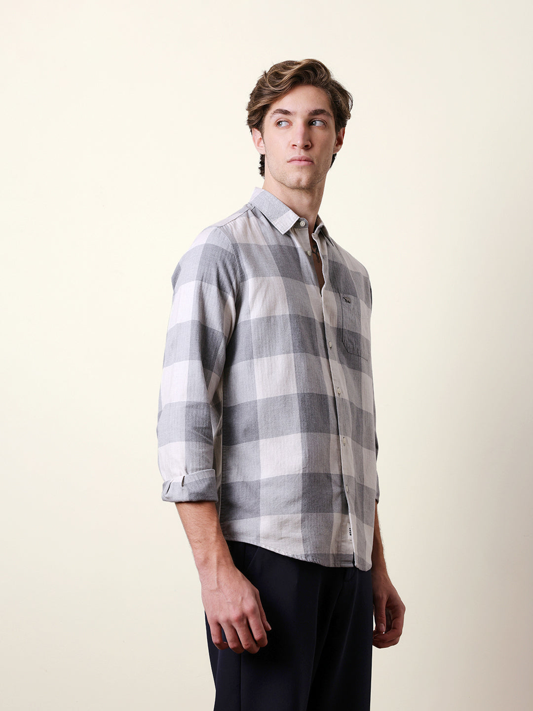 Grey & Cream Slim Fit Block Herringbone Checks Casual Shirt