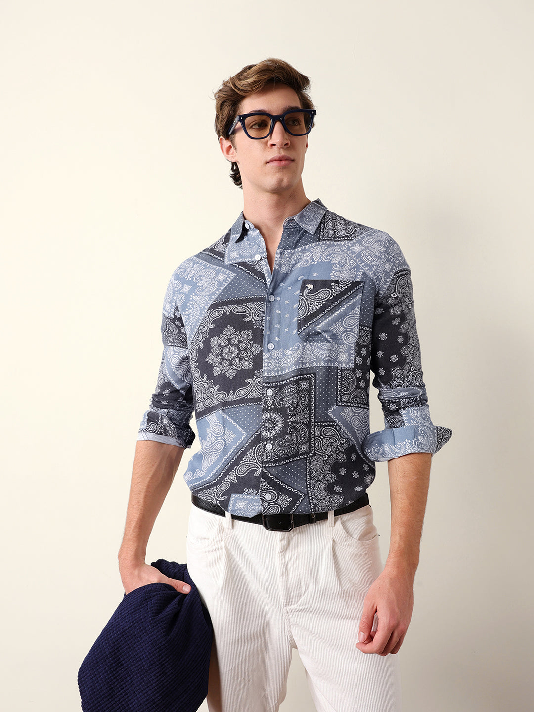Blue Paisley Patchwork Printed Slim Fit Casual Shirt