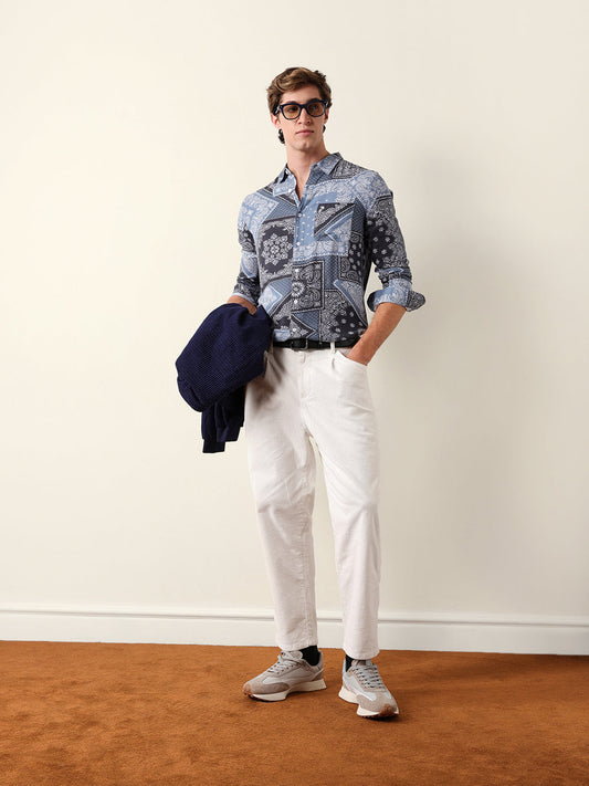 Blue Paisley Patchwork Printed Slim Fit Casual Shirt