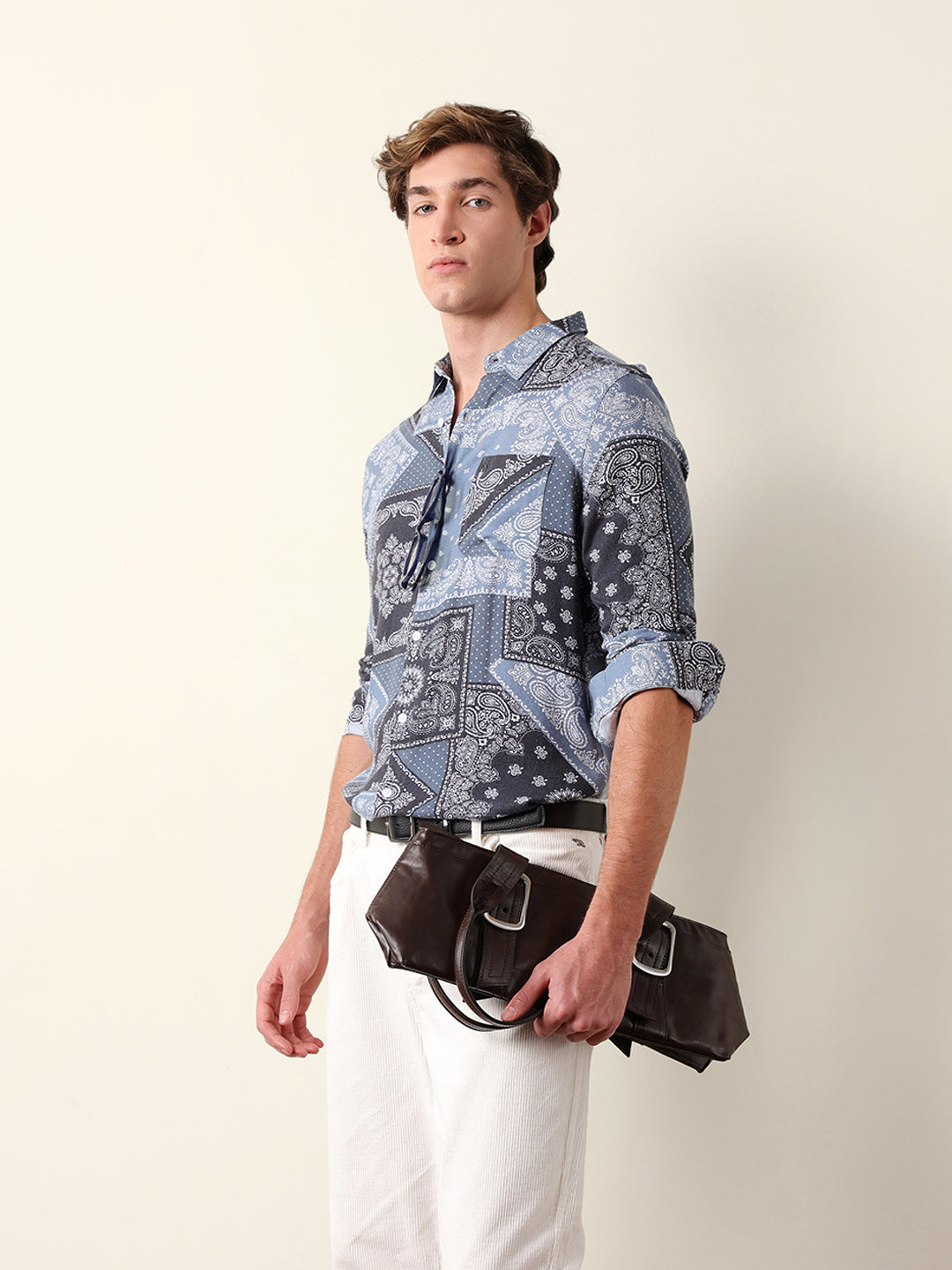Blue Paisley Patchwork Printed Slim Fit Casual Shirt